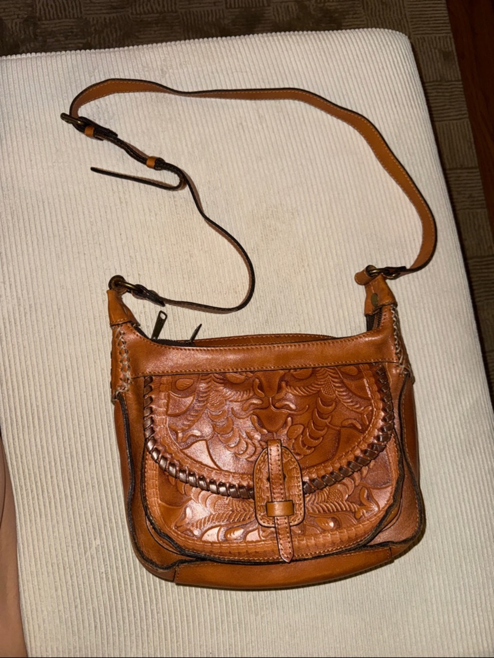 Patricia Nash Leather Floral Tooled Crossbody Bag in Cognac Brown